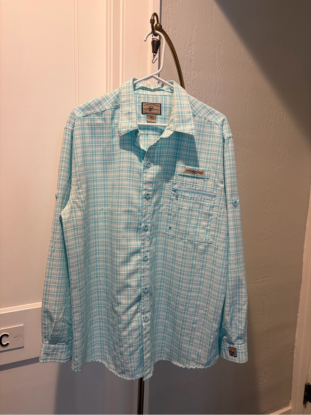 Hook & Tackle Men’s Lightweight Aqua Plaid Button Down - Sun protection